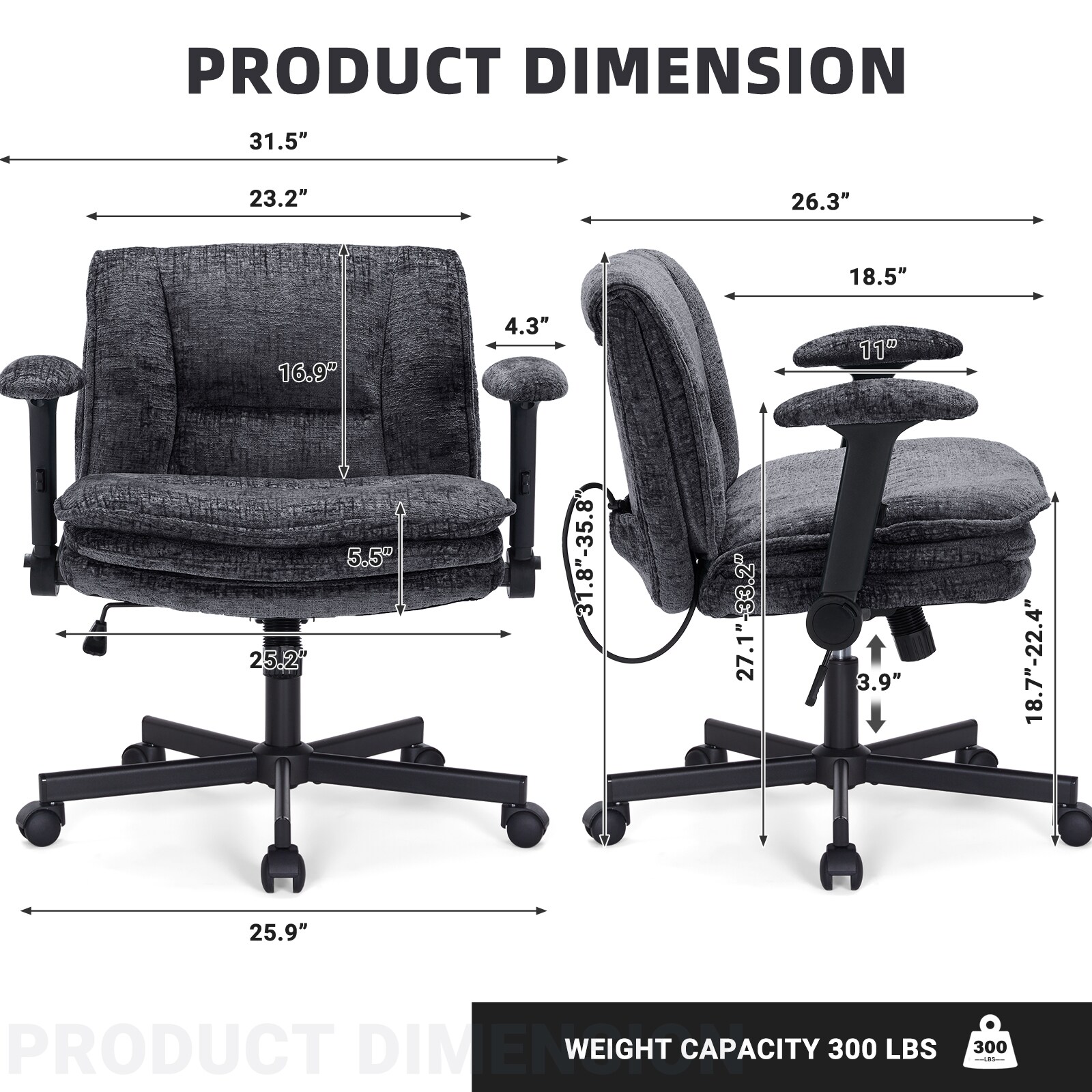 Criss Cross Chair With Wheels And Flip Arms, Upholstered Cross Legged Office Chair With 3 Layer Cushions&Dynamic Airbag Lumbar Support, Wide Seat Comfy Desk Chair For Home Office, Living Room, Black_maomaolike.com